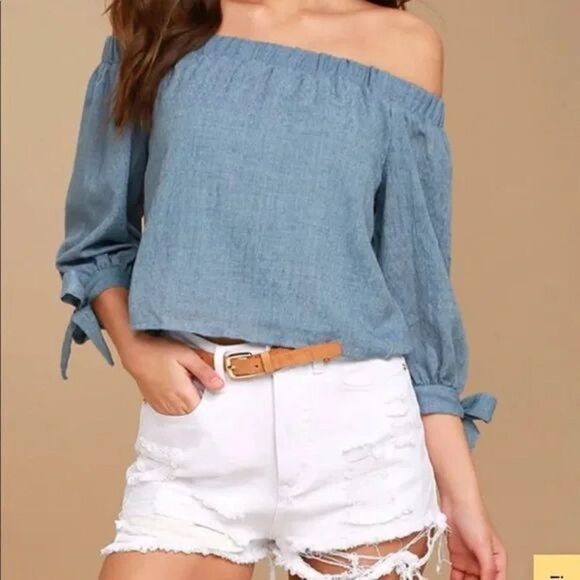 Lulu's Tender Moments Chambray Off the Shoulder Tie Sleeve Cropped Blouse Top - Picture 1 of 10